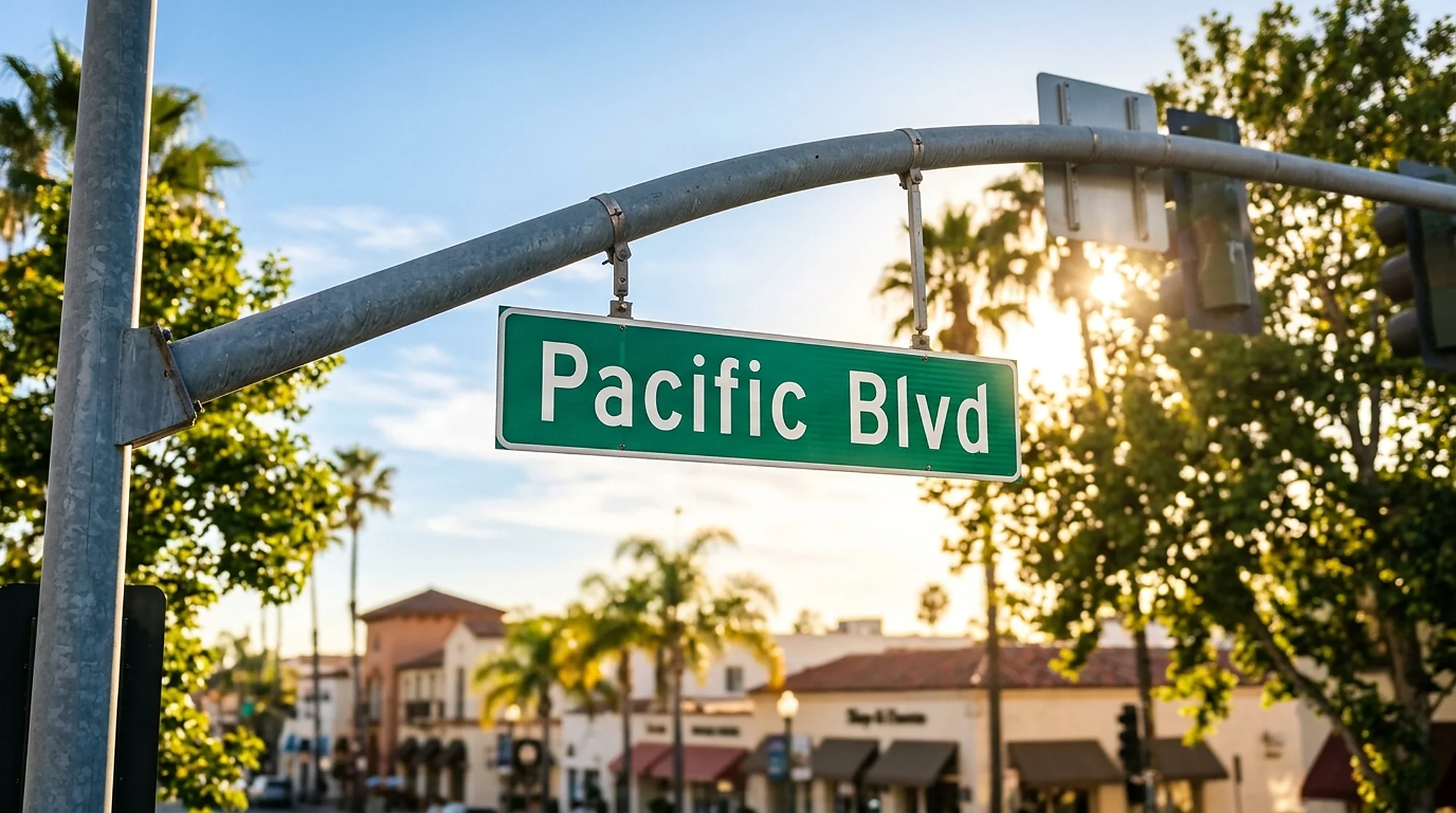 A green Pacific Blvd street sign on a traffic-signal arm, with palm trees and a low sun over a downtown street