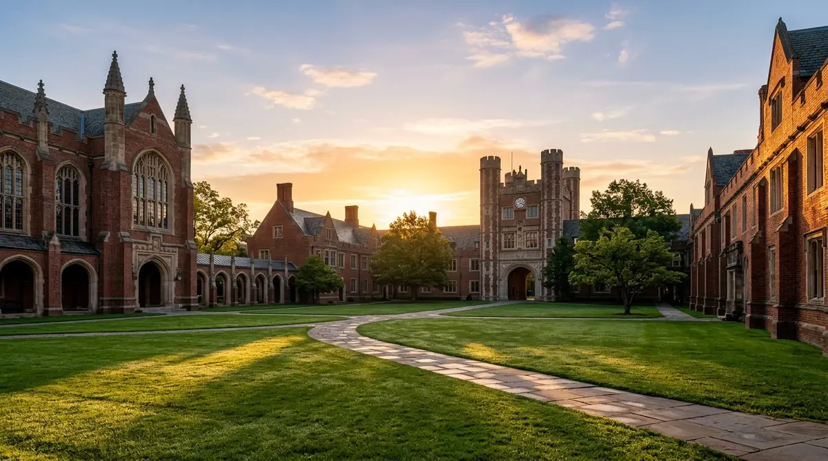 A university quad at sunrise