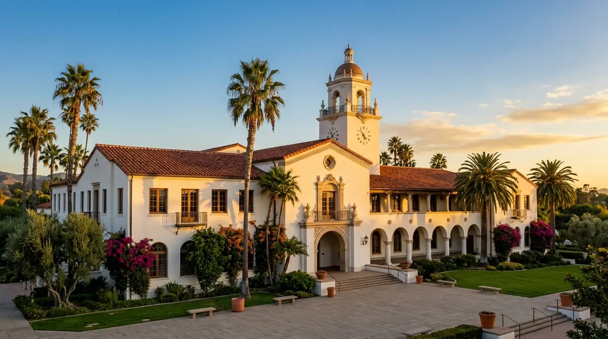 A Spanish-style city hall at golden hour