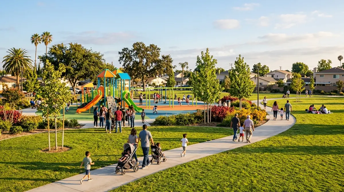 Families walking through a sunny neighborhood park with a new playground
